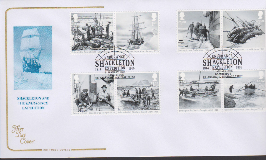 2016 - Shackleton Expedition Cotswold First Day Cover -Heritage Trust Cambridge Postmark